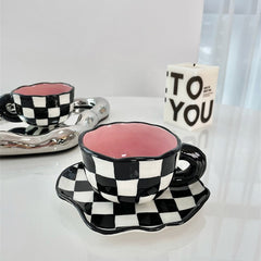 Irregular Handmade Ceramic Mug Chessboard Cup Coffee Tea Milk Water Cup Ins Coffee Cup Saucer Creative Gifts Handle Drinkware