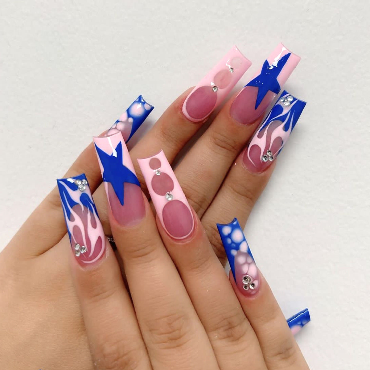 YICKYUE  -  24PCS French Blue Star Diamond False Nails Press On Long Coffin Y2K Style Fake Nails with Flame Stripe Designs Ballet Nail Art