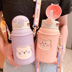 Cute Bear Stainless Steel Insulated Water Bottle Thermos With Strap Straw Cover For Children Girl School Tea Drinking Cup Gift