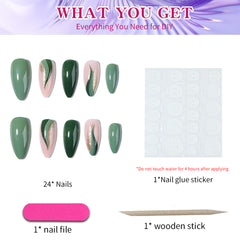 YICKYUE  -  24pcs/ set short almond nail main color blue-green leaf wave press nail nail nail patch Fake nail wear nail suitable for women
