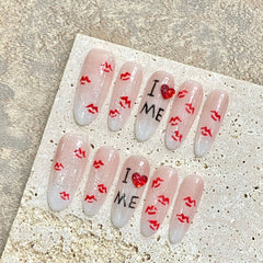 YICKYUE  -  10pcs Handmade Press on Nails Shiny Gradient Color Love Crystal Fake Nails Wearable Long Almond Korean Sweet False Nail Tips