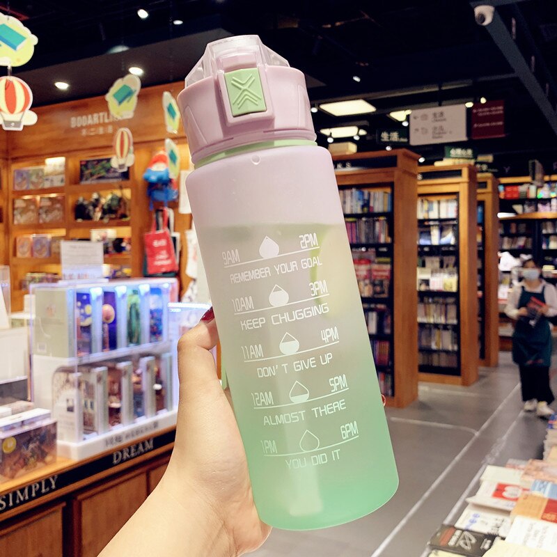 900ml Cute Plastic Sports Water Bottle Gradient Portable Water Cup Time Maker Scale Frosted Travel Outdoor School Drink Bottle