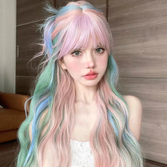 YICKYUE  -  26 Inch Iridescent Rainbow Color Multicolour Synthetic Wigs with Bang Long Water Wave Hair Wig for Women Cosplay Heat Resistant