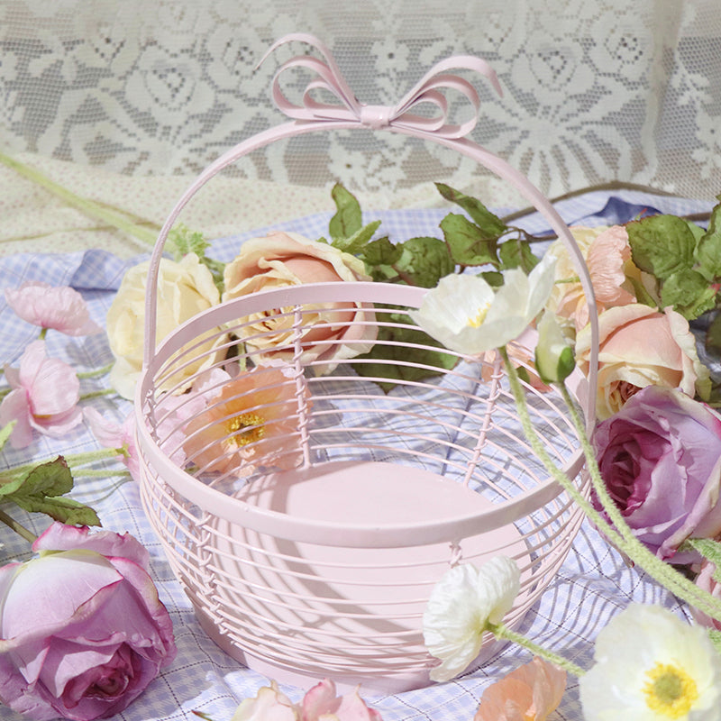 YICKYUE  -  Ins Pink Storager Bow Handle Girl Picnic Basket Home Decoration Laundry Basket Wrought Iron Sundries Organizer Flower Basket