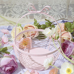YICKYUE  -  Ins Pink Storager Bow Handle Girl Picnic Basket Home Decoration Laundry Basket Wrought Iron Sundries Organizer Flower Basket