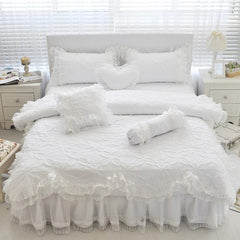 100%Cotton Thick Quilted Lace White Bedding set Girls Pink Princess King Queen Twin size Bed set Ruffle Bed skirt set Pillowcase