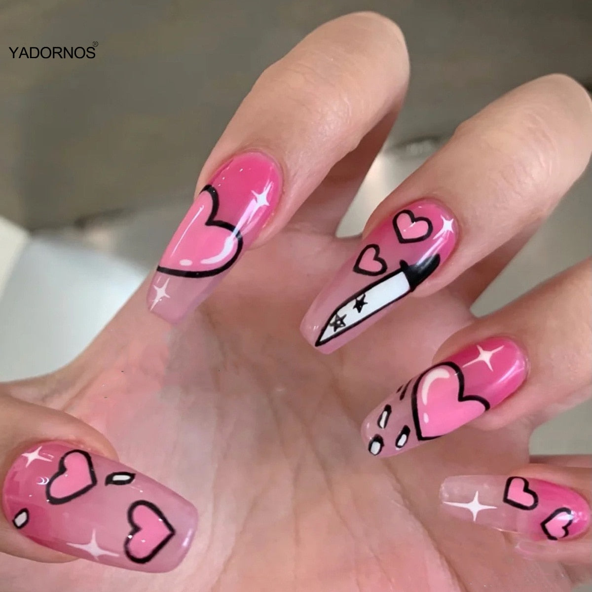Full Coverage False Nails Pointed Head Nails Comic Style Sweet Knifes Nail Art Finished Nail Piece 24pcs Glue Type Best Gift Ty