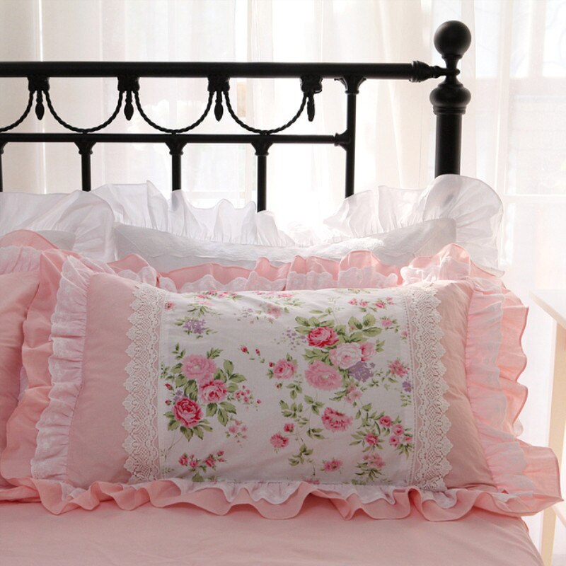 2pcs rose print pillow case Embroidery ruffle lace pillowcase 100% cotton pillow cover bed pillow cases pillow sham pillowcover