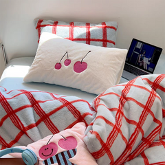 YICKYUE  -  Girly Cherry & Plaid Plush Bedding Set