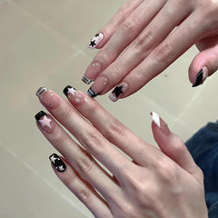 YICKYUE  -  24pcs Short Ballet Y2k Nails Set Small Diamonds Fake Nails Press On Nail Tips French False Nails Pink Black Star Decoration