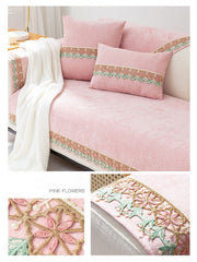 Yickyue Korean Pink Sofa Covers with Lace Floral Couch Sofa Cover Thicken Chenille Slip Cover Non Slip Sectional Sofa Towels Home Decor