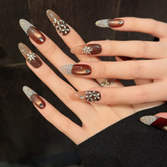 YICKYUE  -  10pcs Luxury Handmade Long Oval Press on Nail Sparkling French Cat Eye Fake Nails Shiny Rhinestone Decor Coffee Color False Nail