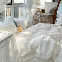 Yickyue Korean Girl Princess Style Solid Color Bedding Fitted Set Cute Cotton Ruffle Seersucker Duvet Cover With Pillow Case Bed Sheets