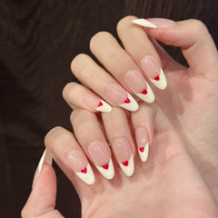 YICKYUE  -  10pcs Handmade French Press on Nails with Red Love Print False Nails Wearable Full Cover Ins Simple Almond  False Nail Tips