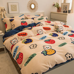 Thick Warm Coral Fleece 4pcs Bedding Set Cute Printing Quilt Cover Super Soft Velvet Bed Sheet Pillowcase King Size Bedding Set
