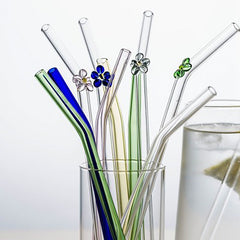 MDZF SWEETHOME 4pc Glass Flower Straw With Cleaning Brush Reuse Mason Cup Cocktail Straw Tea Curved Straw Bar Accessories