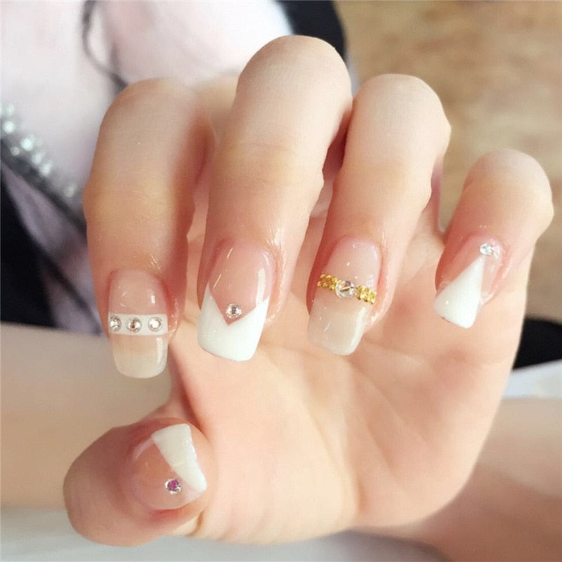 24pcs Long Ballerina False Nails V Shape Simple Heart Wearable Coffin Heart Fake Nails Full Cover Ballet Nail Tips