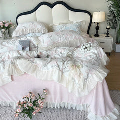 YICKYUE  -  Vintage French Romantic Lace Ruffles Carved Velvet Winter Bedding Set Single Queen King Size Duvet Cover Bed Sheet Pillowcases