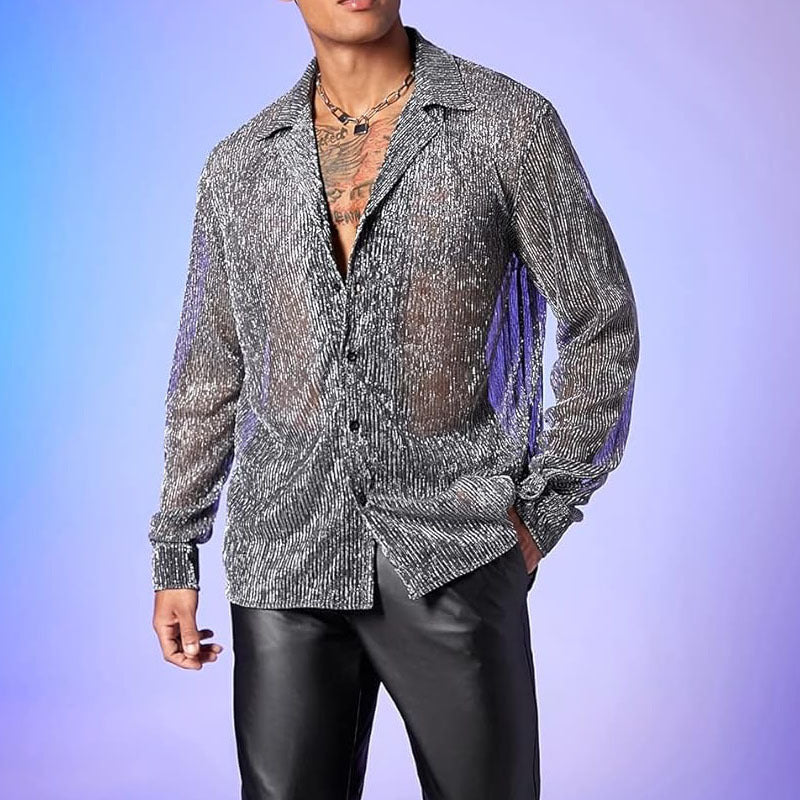Hearujoy Spring Summer Fashion Men Long Sleeve Drop Shoulder Shirts Nightclub Perspective Mesh Cardigan Tops Sexy Shirt Streetwear