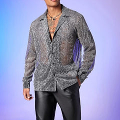 Hearujoy Spring Summer Fashion Men Long Sleeve Drop Shoulder Shirts Nightclub Perspective Mesh Cardigan Tops Sexy Shirt Streetwear