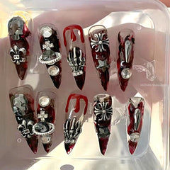 Halloween Nail Skull Rhinestone Press On Nails Y2K Handmade Long Stiletto False Nail Tips Coffin Almond Fake Nail With Glue Gift