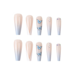 24Pcs/Set Blue Butterfly French Wearing Ballerina Manicure Fake Nail Patch Press On Full Coverage Acrylic Long False Nails Tips