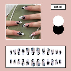 YICKYUE  -  Short Almond Y2k Nails Press On Nail With Black Pentacle Star Designs 24pcs White French False Nails Rhinestone Fake Nail Tips
