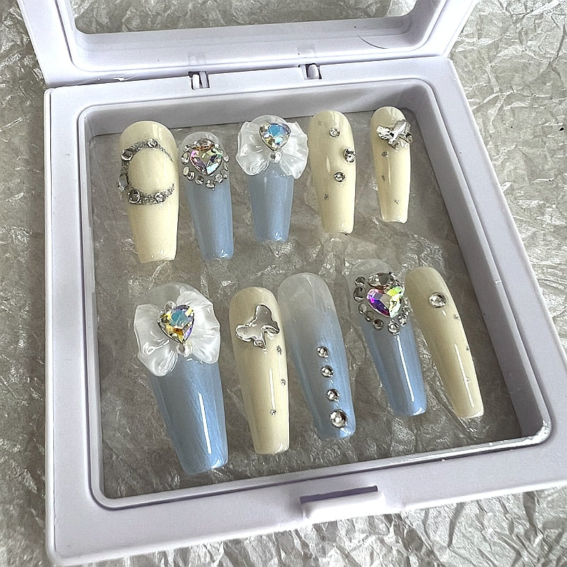 Glitter Rhinestone Design Fake Nail With Glue Press On Nails Y2K Handmade Luxury Long Coffin Reusable False Nails Tips Manicure