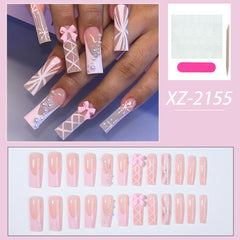YICKYUE  -  24pcs long French fake nails, ballet girl style pink bow fake nails, water drop snow glitters cross line completely covered fake
