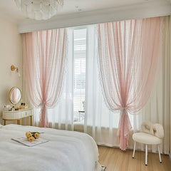 YICKYUE  -  [Pink Lace Romantic Curtains] 2pcs Pink Lace Romantic Aifish Curtains - Double Layer Beaded Voile Sheer with Rod Pocket, Polyester Fabric for Bedroom & Living Room