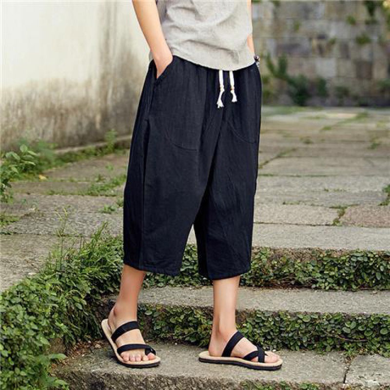Hearujoy Oversized Wide-leg Cotton Linen Calf-Length Pants Mens Summer Drawstring Loose Beach Shorts Casual Harlan Trousers Fat Plus Szie