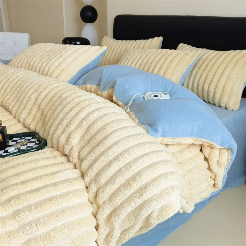 YICKYUE  -  Winter Thickened Plush Warm Duvet Cover Set Solid Color Luxury High Quality Quilt Cover Sheet Pillowcase 4pcs Queen Bedding Set