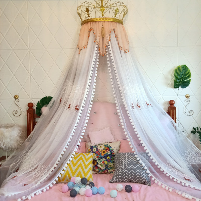 YICKYUE -  Princess Bed Curtain with Crown Bed Head Gauze Deer Embroidery Wave Beauty Bedside Decoration Yarn Bed Valance Mosquito Net