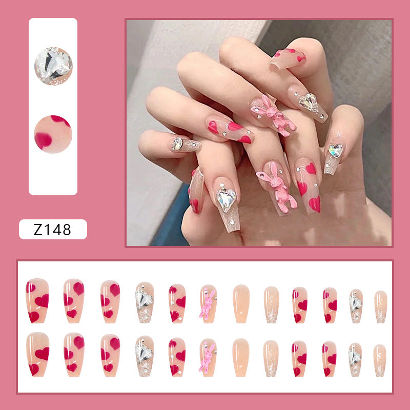 YICKYUE  -  24pcs Kawaii Press on Nails  Long Ballet False Nails with Design Rabbit Natural  Artificial Fake Nail Art Tip with Glue