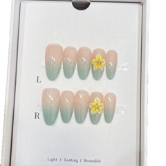 YICKYUE  -  10pcs Handmade Elegant and Fresh Yellow Green Gradient Painted Egg Flower Design French Oval Fake Nails Wearable Nails for Girls