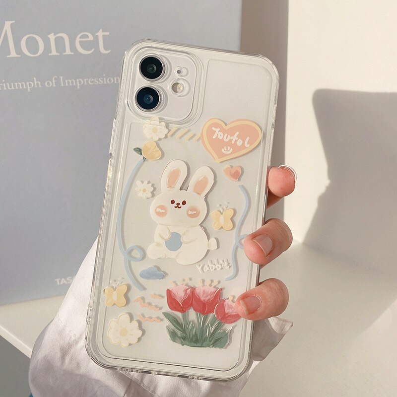 Soft silicone rabbit cute flower cartoon phone case for iphone 11 12 mini pro max 7 8 plus x xr xs max clear cover capa shell