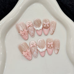 YICKYUE  -  10pcs Handmade Press on Nails French Cat Eye Pink Bow Decor Korean False Nails Wearable Full Cover Ins Almond False Nail Tips