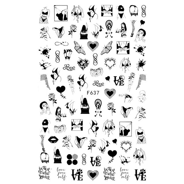 3D Stickers iridescent Simple Lines Black White Gold Leaves For Nails Design  Nail Wraps Sticker Art Decorations Transfer Decal