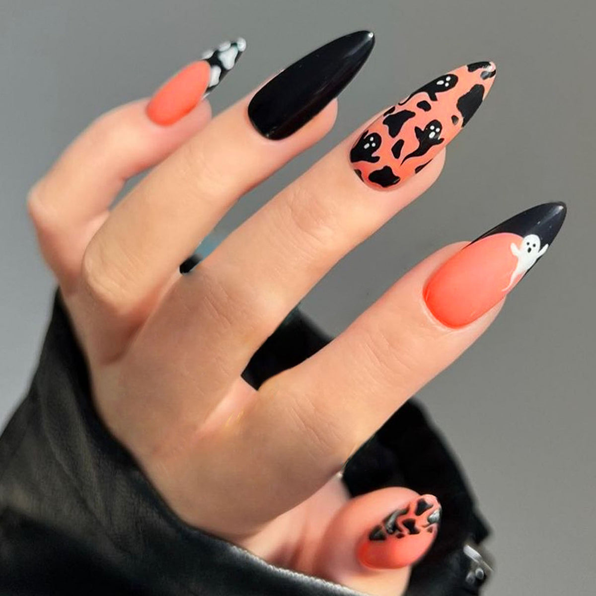 YICKYUE  -  24pcs Halloween Long Stiletto Black Fake Nails Set Press On Almond Nails Full Cover False Nails with White Ghost Design Finished