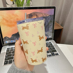 YICKYUE  -  360ml Cute Water Ice Coffee Cups  Sainless Steel Thermos With Straw Tumbler For Tea Beer Juice Kawaii  Thermal Drink Bottle Gift