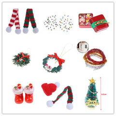 Christmas Lights Gift Box Model with Candy Boots Tree Wreath Pine Drop Santa Claus Hat Decor Dollhouse Miniature Accessories