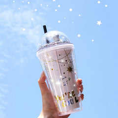 Double Layer Straw Cup,Plastic Cups with Straw and Lids, Heat Insulated Plastic Bottle Water Cup for Household Office,BPA Free