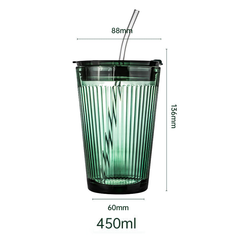 YICKYUE  -  450ml Large-capacity Straw Glass Vertical Stripes Water Cup With Straw and Lid Office Home Kitchen Accessories Hand Cup Car Cup