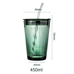 YICKYUE  -  450ml Large-capacity Straw Glass Vertical Stripes Water Cup With Straw and Lid Office Home Kitchen Accessories Hand Cup Car Cup