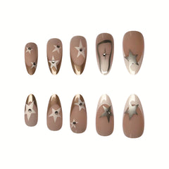 YICKYUE  -  Y2k Press On Nails With Rhinestones Decor Long False Nails Almond Fingernail Silver White Five-pointed Star Fake Nails Press On