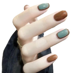 YICKYUE  -  10 pcs Handmade Fake Nail Short Style Retro Brown Detachable False Nails Tips Reusable Press On Nails Coffin Manicure Art