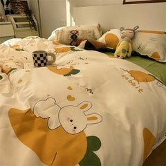 YICKYUE  -  INS Pink Rose Bear Bedding Set Duvet Cover Soft Home Textile Queen Size Flat Bed Sheet Quilt Cover Floral Pillowcase Kawaii