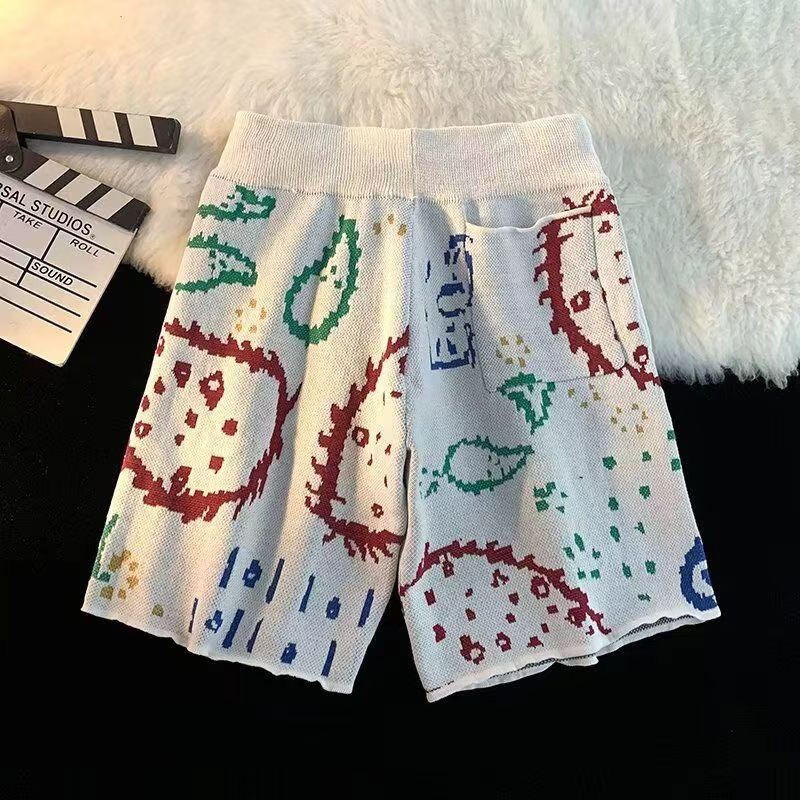 Hearujoy Cashew Flower Knitted Shorts Men Women Drawstring Loose Five Quarter Pant Summer American  Vintage High Street Casual Shorts