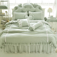 Yickyue Korean Style Princess Bedding Set Luxury Green Lace Ruffle Solid Duvet Cover Bedspread Bed Skirt Pillowcases Queen King Size