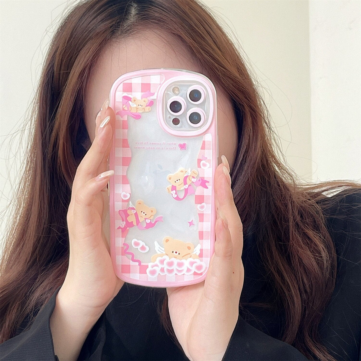 Ins Korean Pink Angel Bear Case for iPhone 13 12 11 Pro XS Max X XR Kawaii Shoc kproof Soft Back Cover